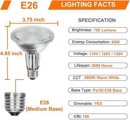 Vinaco PAR30 Long Neck 60W, 6 Pack Long Lasting PAR30 Halogen Flood Light Warm White 2800K, PAR30 Dimmable, High Output Flood Light Bulb 120V with E26 Base for Indoor/Outdoor