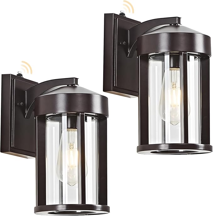 Dusk to Dawn Outdoor Wall Lights Fixture with Photocell Sensor, Modern Geometric Industrial Coffee-Bronze Exterior Wall Sconce, Waterproof Anti-Rust Porch Light for House Patio Entryway Garage(2 Pack)