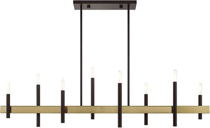 Livex Lighting 49338-07 8 Light Bronze Linear Chandelier, Bronze w/ Antique Brass Accents, 9.25 x 48 x 42