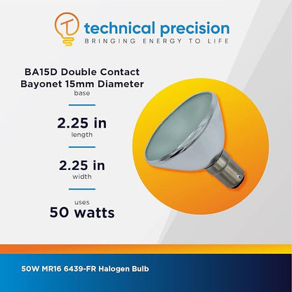 Technical Precision Replacement for Philips 6439-fr Light Bulb 50 Watt MR16 Halogen Bulb with BA15D Double Contact DC Bayonet Base - Frosted Narrow Flood Light - 1 Pack