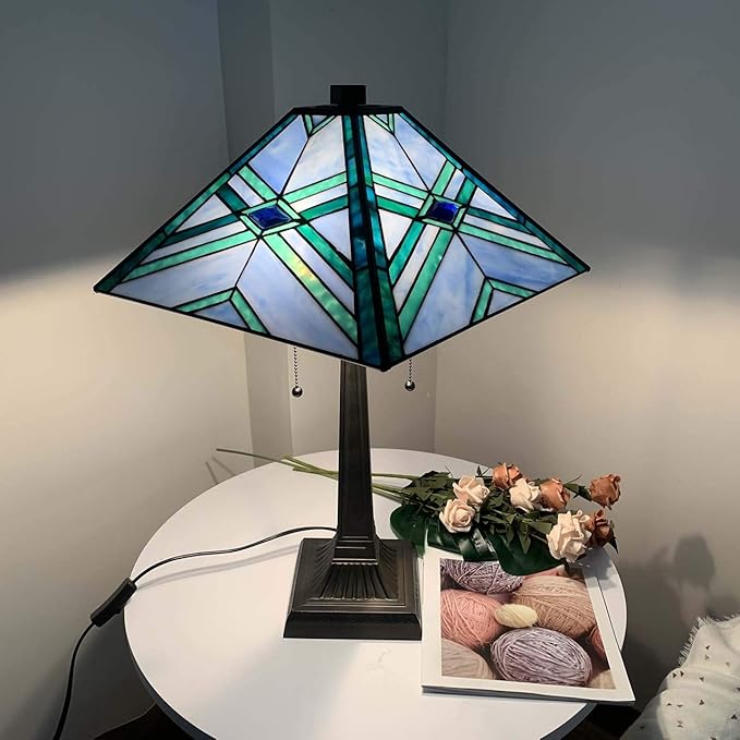 Bieye L10814 Mission Tiffany Style Stained Glass Table Lamp for Reading Working Decorating, 20" W x 22.5" H, Blue
