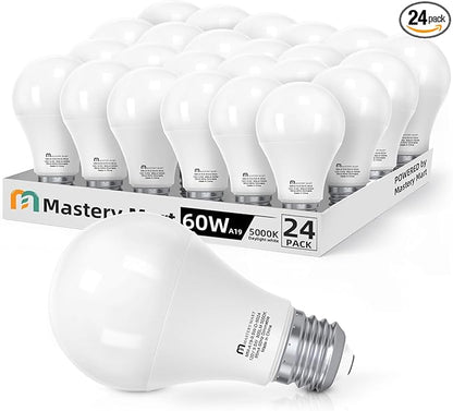 MASTERY MART 24 Pack A19 LED Light Bulbs 60 Watt Equivalent, 9W Non-Dimmable, Flicker-Free, 800 LM, Bright Daylight White 5000K, E26 Base, 10000 Hrs, 80+ CRI, Energy Saving, for Living Room, Office