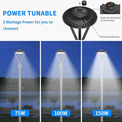 LED Post Top Light 75/100/150W Adjustable 19500 LM 3000/4000/5000K LED Circular Area Light Outdoor Pole Lights with Photocell, IP67 Parking Lot Lights Fixture Commercial Lighting, 100-277V