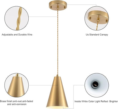 Gold Pendant Lights Kitchen Island,Dining Room Light Fixtures Over Table 3 Pack with Brushed Brass Cone Metal Shade, Modern Farmhouse Mini Chandeliers,Adjustable Cord Hanging Lighting for Bar,Sink