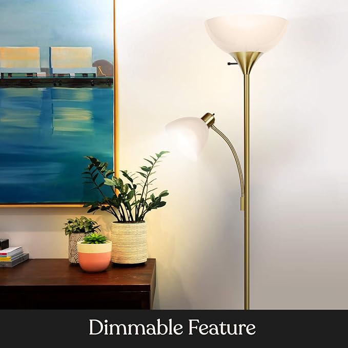 Brightech Sky Dome Plus LED Floor lamp, Torchiere Super Bright Floor Lamp with Reading Lamp for Living Rooms & Offices - Dimmable Tall Standing Lamp for Bedroom Reading - Gold Brass