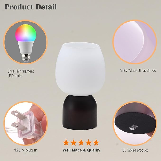 Small RGB Table Lamp for Bedroom, Remote Control Color Changing Desk Lights, with White Opal Glass Lamp Shade, for Living Room Nightstand,Black Wood