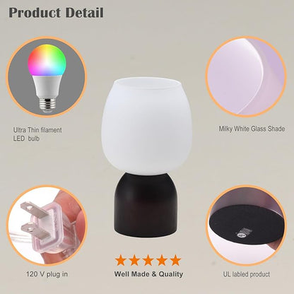 Small RGB Table Lamp for Bedroom, Remote Control Color Changing Desk Lights, with White Opal Glass Lamp Shade, for Living Room Nightstand,Black Wood