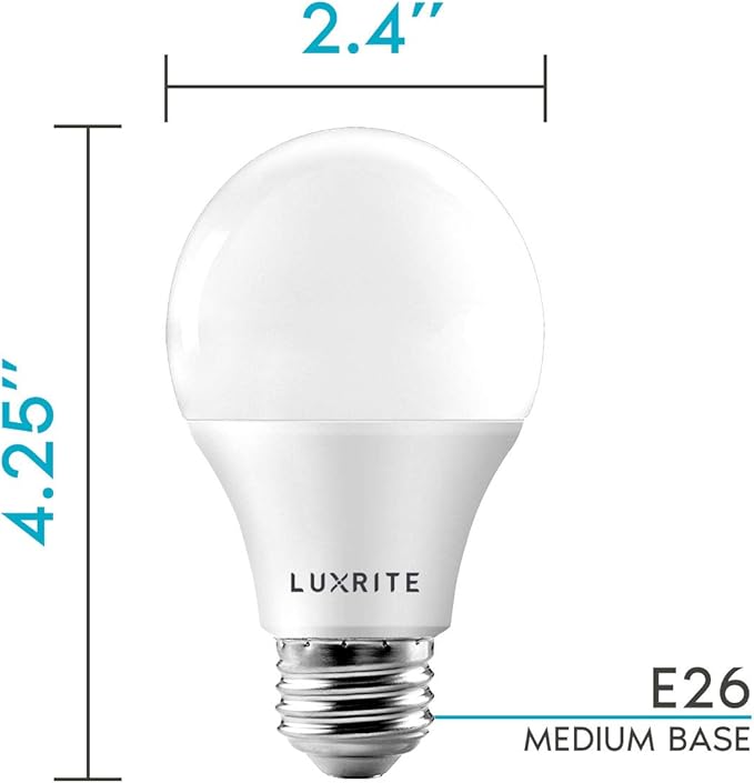 LUXRITE A19 LED Bulb 60W Equivalent, 4000K Cool White, 800 Lumens, Dimmable Standard LED Light Bulbs 9W, Enclosed Fixture Rated, Energy Star, E26 Medium Base - Indoor and Outdoor (16-Pack)