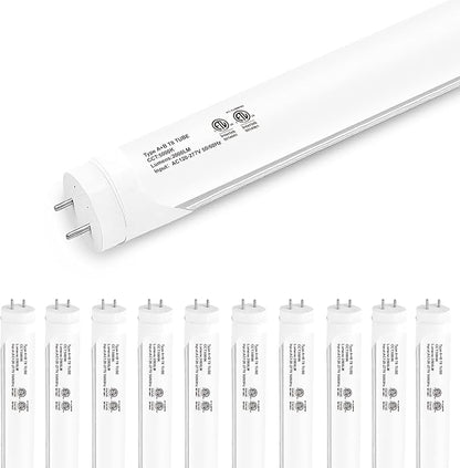10-Pack T8 LED Tube Lights 4ft, 48 Inch Fluorescent Replacement Bulbs, 5000K Pure Daylight, Hybrid Type A+B Single/Double Ended, Frosted Lens, ETL Certified