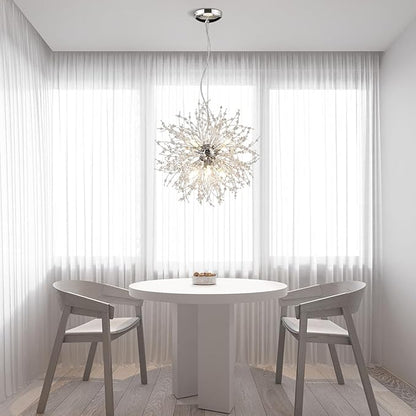 Modern Small Chandelier, 8 Lights Chrome Firework Chandelier, Dandelion Crystal Chandeliers for Entryway, Sputnik Pendant Light Fixture for Dining Room
