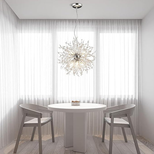 Modern Small Chandelier, 8 Lights Chrome Firework Chandelier, Dandelion Crystal Chandeliers for Entryway, Sputnik Pendant Light Fixture for Dining Room