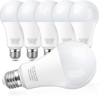 KINDEEP A21 LED Bulbs, 150-200 Watt Equivalent High Watts Bulbs, 23W Super Bright Light Bulbs E26 Base, 2500 Lumens, 4000K Natural White for Your Home Office, Store, Garage, Warehouse, Non-Dim, 6-Pack
