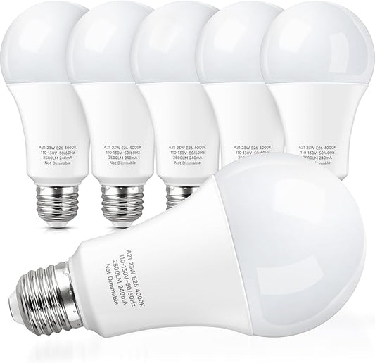 KINDEEP A21 LED Bulbs, 150-200 Watt Equivalent High Watts Bulbs, 23W Super Bright Light Bulbs E26 Base, 2500 Lumens, 4000K Natural White for Your Home Office, Store, Garage, Warehouse, Non-Dim, 6-Pack