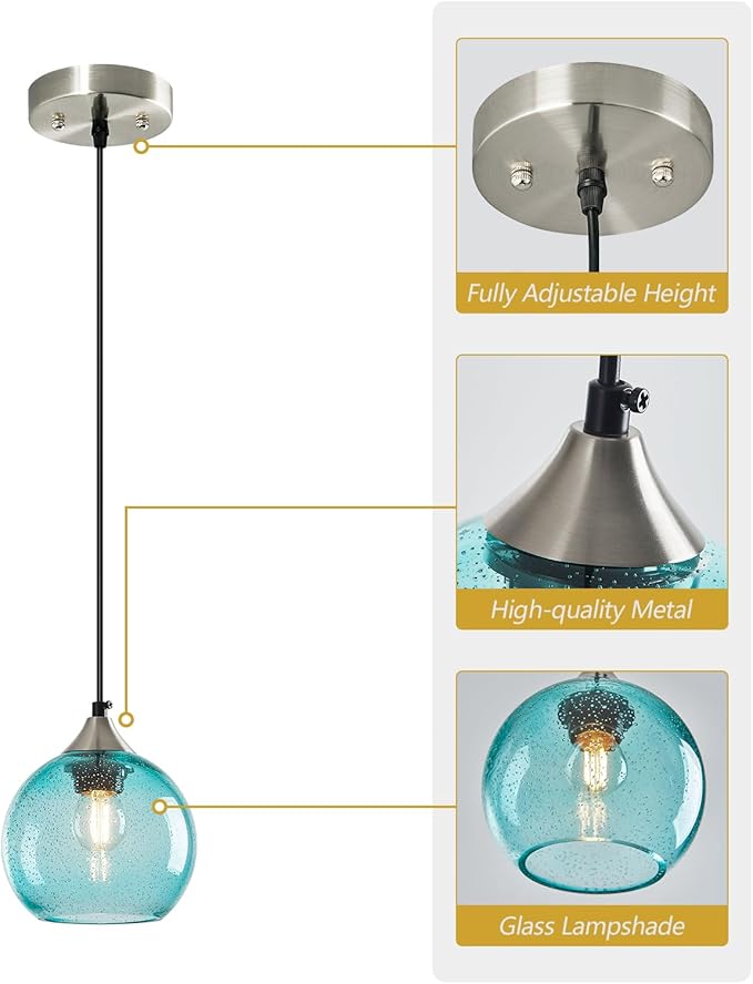 Light Blue Glass Pendant Lights Kitchen Island Globe Pendant Light Fixtures Modern Pendant Lighting for Bedroom Living Dining Room Light Fixture (5.9 in, 1 Pack)