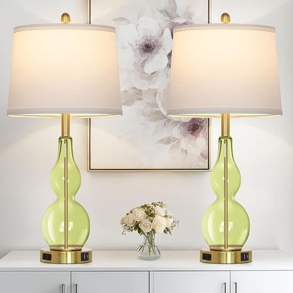 27.5" Green Glass Double Gourd Table Lamp Set of 2,3-Way Dimmable Touch Control Bedside Lamps with USB Ports and AC Outlet, Nautical Nightstand Lamps for Bedroom Living Room