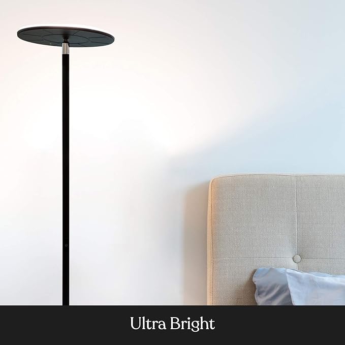 Brightech Sky Flux Dimmable LED Floor Lamp – Super Bright Floor Lamp with 3 Light Modes for Living Room, Office – Torchiere Standing Touch-Lamp, Tall Torch Lamp for Bedroom & Reading – Black