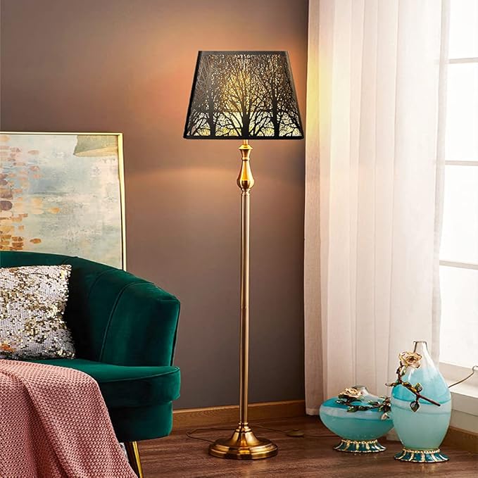 Medium Square Lamp Shades, ALUCSET Metal Lampshade with Pattern of Trees for Table Lamp and Floor Light, 9 x 12 x 8.8 Inch, Spider (Black/Gold)