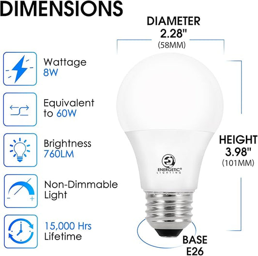 ENERGETIC SMARTER LIGHTING 24-Pack A19 LED Light Bulbs 60 Watt Equivalent, Cool White 4000K, E26 Medium Base, Non-Dimmable LED Light Bulb, ETL Listed