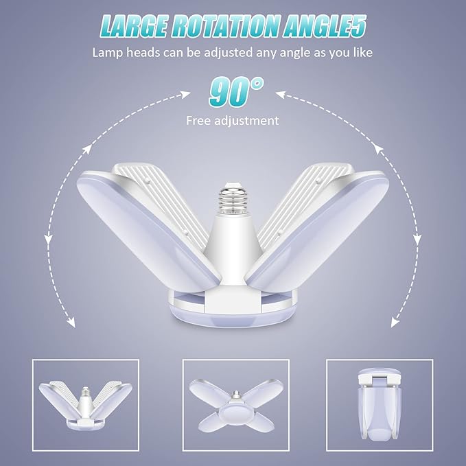 LED Garage Lights 2 Pack, New Upgrade 80W Deformable Shop Lights with 4 Adjustable Panels, E26/E27 LED Ceiling Light, 8000LM 6500K Hight Bay Light for Basement Warehouse Workshop