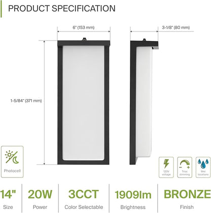 ASD LED 14" Outdoor Wall Light, Dusk to Dawn Front Door House Sconce | 3CCT, Photocell, Waterproof, ETL Listed | 20W 1900LM 3000-5000K 120V | Exterior Patio Lighting Fixture, Porch Lamp | Black