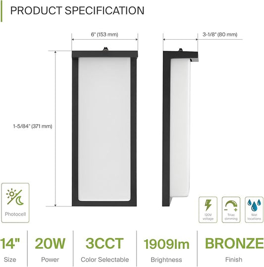 ASD LED 14" Outdoor Wall Light, Dusk to Dawn Front Door House Sconce | 3CCT, Photocell, Waterproof, ETL Listed | 20W 1900LM 3000-5000K 120V | Exterior Lighting Fixture, Porch Lamp | Black, 4 Pack