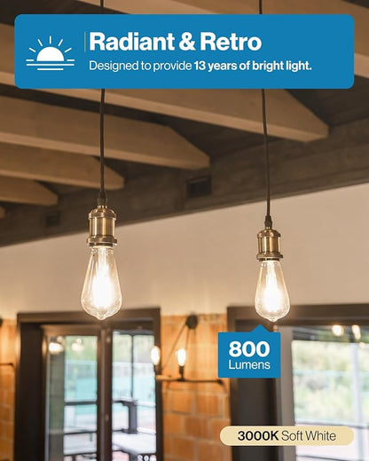 Sunco 10 Pack Edison Bulbs LED ST64, Clear Vintage Filament Waterproof Bulb, 800 LM, 8.5W (60W Equivalent), ST19, 3000K Warm White, E26 Medium Base, Decorative Dimmable UL