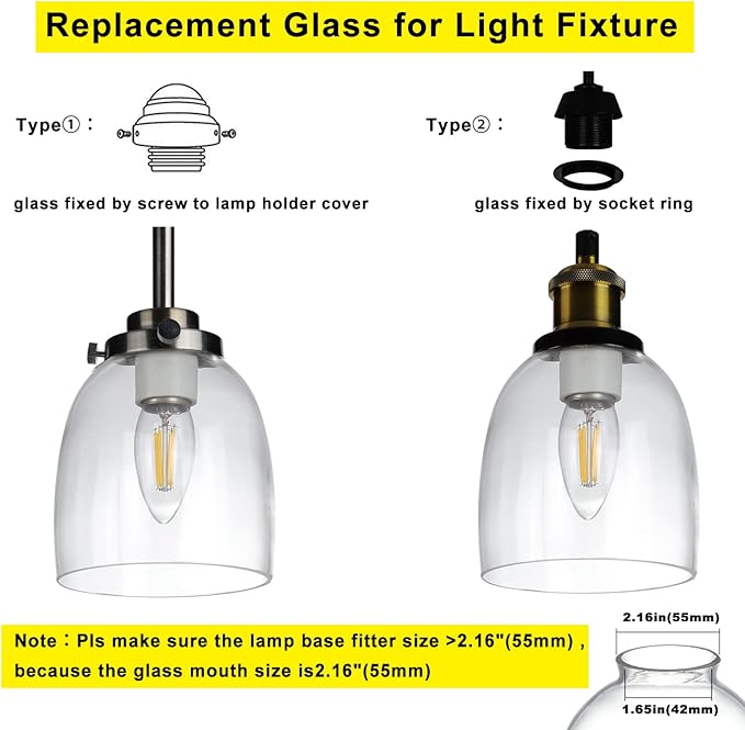 Clear Glass Shades Replacement for Ceiling Fan 4 Pack, Ceiling Fan Light Covers Replacement for Light Fixtures Vanity Pendant Lighting Chandeliers, 2-1/8" Fitter, 4.76 inch Diameter