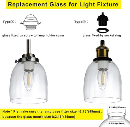 Clear Glass Shades Replacement for Ceiling Fan 4 Pack, Ceiling Fan Light Covers Replacement for Light Fixtures Vanity Pendant Lighting Chandeliers, 2-1/8" Fitter, 4.76 inch Diameter