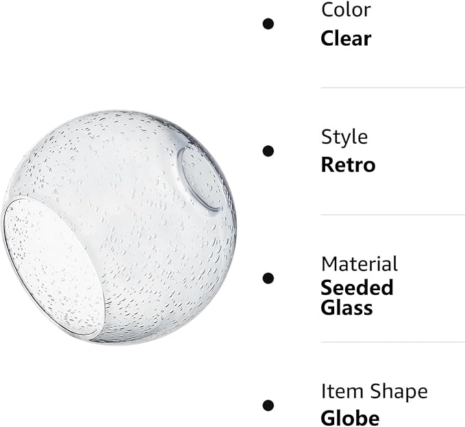 3 Pack Fixture Replacement Globe Shade, 6 Inch Diameter, E26 Base 1-5/8 Inch Fitter, Glass Globe Lampshade Cover for Pendant Wall Sconce Chandelier Vanity Light (3 Pack 6 Inch Clear Seeded Glass)