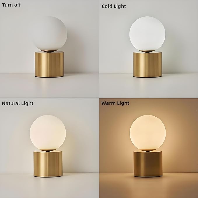 Mid Century Modern Table Lamp with Gold for Bedroom Bedside Night Light White Glass Globe Table Lamp for Bedroom Living Room and Office