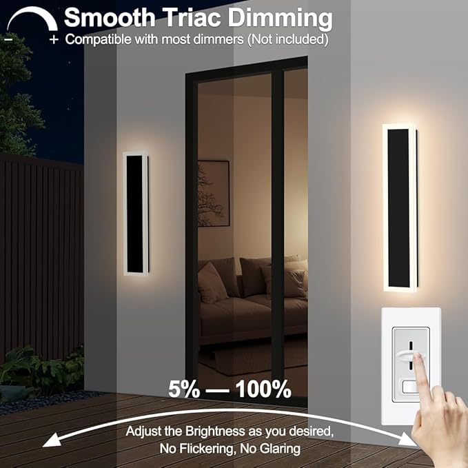 24inch Modern Outdoor Wall Light Porch Light LED Long Wall Light Fixture IP65 Waterproof Wall Lamps, Dimmable 24W 2200LM Black Wall Sconce, 3000/4000/5000K Selectable, ETL