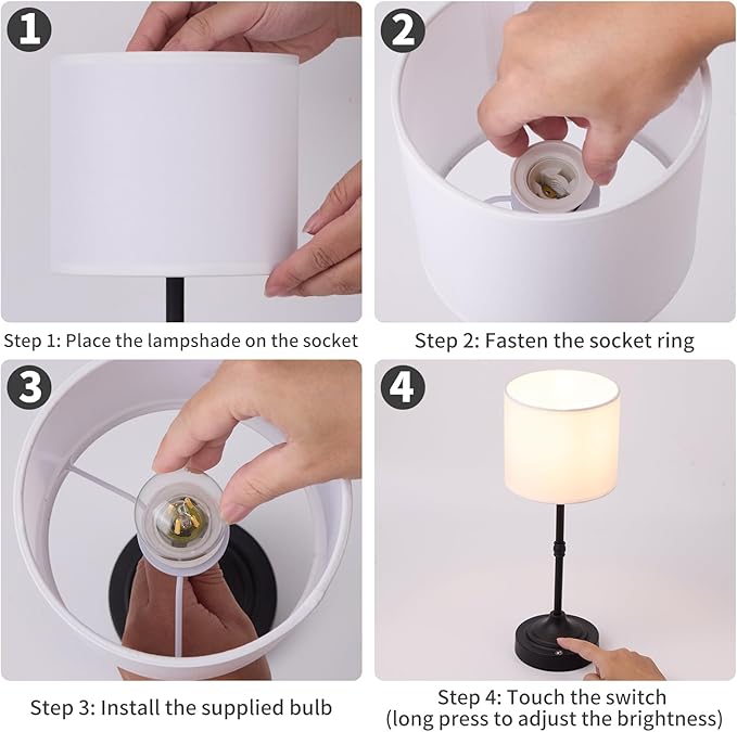 Cordless LED Table Lamp,Portables Fabric Shade Desk Lamps, Rechargeable Battery Powered Lighting, Dimmable Light for Dining Room, Bedroom, Bedside, Night Light, Balcony (Black)