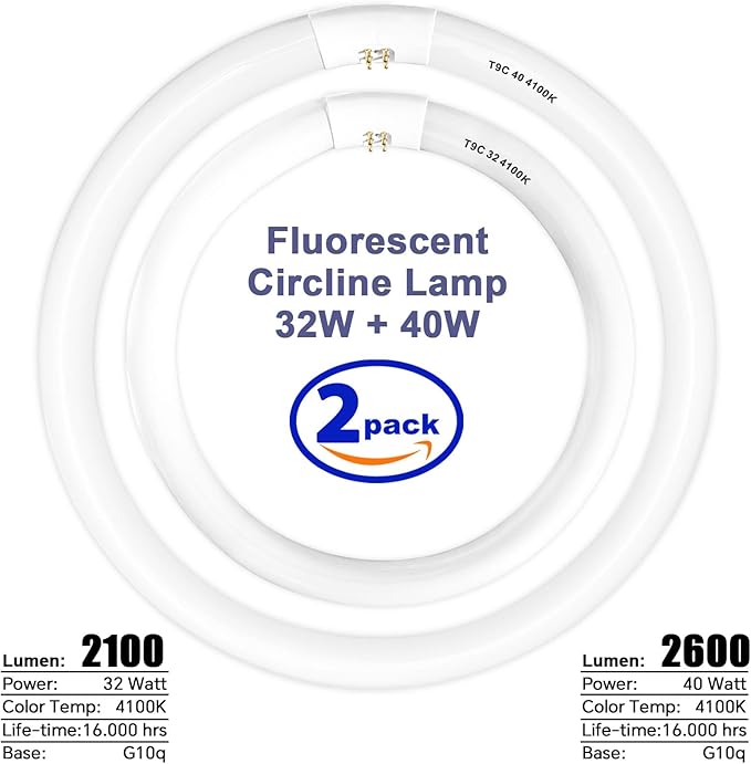 FC16T9/CW 40 Watt and FC12T9/CW 32W Set Cool White, 16'' T9 40 Watt Circline Light Bulbs, 12 inch 32W Circular Fluorescent Tube, Round Fluorescent Bulb CRI 82, 4100K, 5300 Lumen G10q