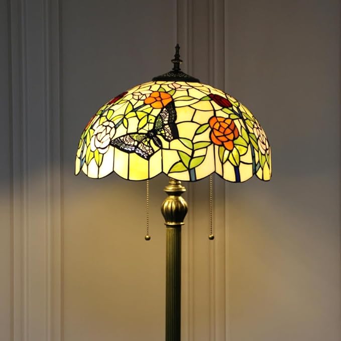 Tiffany Flower Floor Lamp Beige Glass Vintage Standing Lamp with Pull Chain Traditional Stained Glass Standing Reading Light for Living Room Bedroom Farmhouse - Handmade Butterfly Shade