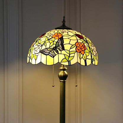 Tiffany Flower Floor Lamp Beige Glass Vintage Standing Lamp with Pull Chain Traditional Stained Glass Standing Reading Light for Living Room Bedroom Farmhouse - Handmade Butterfly Shade