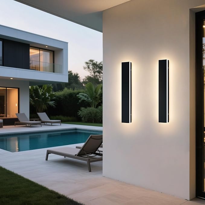 Upgrade Widened 2 Pack Modern LED Wall Sconce, 23.6inch Outdoor Exterior Wall Light, 3000K Warm White, 24W, IP65 Waterproof, Black Outside Long Linear Patio Lighting for House, Garage, Yard