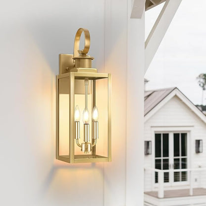 19'' Large Outdoor Wall Lantern, Gold Waterproof Outside Wall Sconce Lights for House, Anti-Rust Exterior Lighting Fxitures with Clear Glass Shade for Front Porch, Garage, Patio, 1-Pack