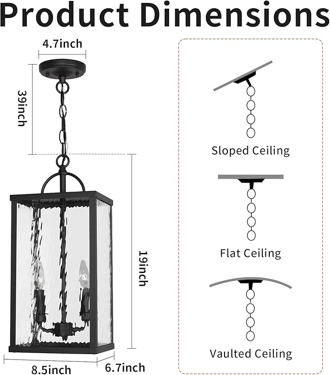 Outdoor Pendant Light, Modern Black Hanging Lantern with Water Ripple Glass, Adjustable Chandelier Exterior Hanging Light Fixture for Front Porch, Patio, Gazebo, Entryway, and Garage