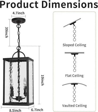 Outdoor Pendant Light, Modern Black Hanging Lantern with Water Ripple Glass, Adjustable Chandelier Exterior Hanging Light Fixture for Front Porch, Patio, Gazebo, Entryway, and Garage