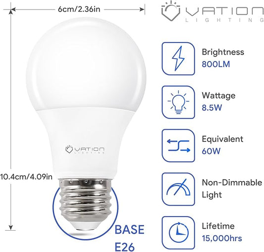 A19 4000K LED Light Bulbs Neutral White, 60 Watt Equivalent, Efficient 8.5 Watt, 800 Lumens, E26 Medium Base, Non-Dimmable, ETL/UL Listed, 24 Pack