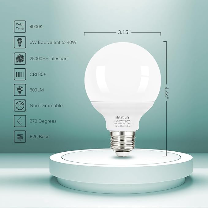 G25 LED Light Bulbs, Round Vanity Light Bulbs for Bathroom, 40W Equivalent, Cool White 4000K, E26 Base Globe Light Bulb, 600LM, Non-Dimmable, 4-Pack