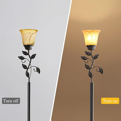72” Flower Farmhouse Floor Lamp for Living Room, Unique Rustic Leaf Tall Standing Lamp with Amber Glass Shade and Traditional Foot Switch for Bedroom, Corner, Office, Bulb Included (Bronze)