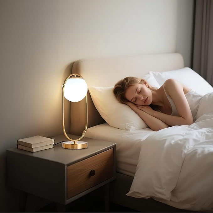 NKU Mid-Century Modern Glass Globe Table Lamp with LED - Luxury Bedside Night Light for Bedroom, Boho Vintage Style for Farmhouse & Office Desk
