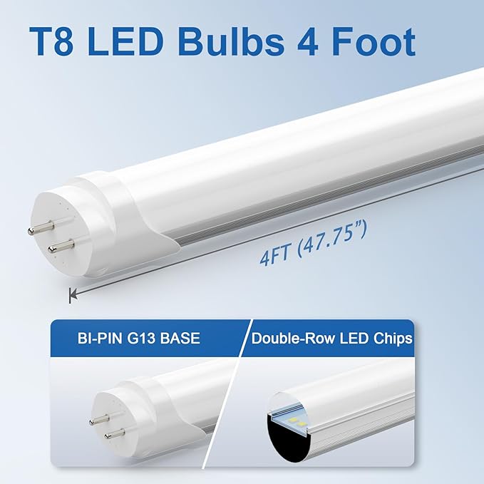 T8 LED Bulbs 4Ft, 24W 3120 Lumen, T10 T12 65W Equivalent Fluorescent Replacement, 6500K Cool White, Type A+B 4 Foot Tube Light for Office Shop Light, Remove Ballast or Plug & Play, 4 Pack