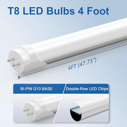 T8 LED Bulbs 4Ft, 24W 3120 Lumen, T10 T12 65W Equivalent Fluorescent Replacement, 6500K Cool White, Type A+B 4 Foot Tube Light for Office Shop Light, Remove Ballast or Plug & Play, 4 Pack