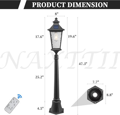 47.3 Inch Black Solar Lamp Posts Outdoor Waterproof Aluminum Solar Pole Lights with Water Ripple Glass Dusk to Dawn Outdoor Post Lights Hard Wired Include Remote Control and LED Bulb