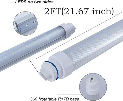 24 Pack T10 2FT 20W Led Tube Light Double Sided 360° Rotatable R17D Base Double Rows Led Ballast Bypass 2 Foot Advertisement Sign Lighting 6000k Cool White Striped Cover 100-277V