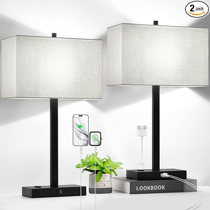 21" Touch Bedside lamps with 2 USB & AC Outlets, 3-Way Dimmable Bedside Table Lamps Set of 2 for Bedroom Living Room Office Reading, Gray Shade Lamps for Night Stands, 5000K LED Bulbs Included