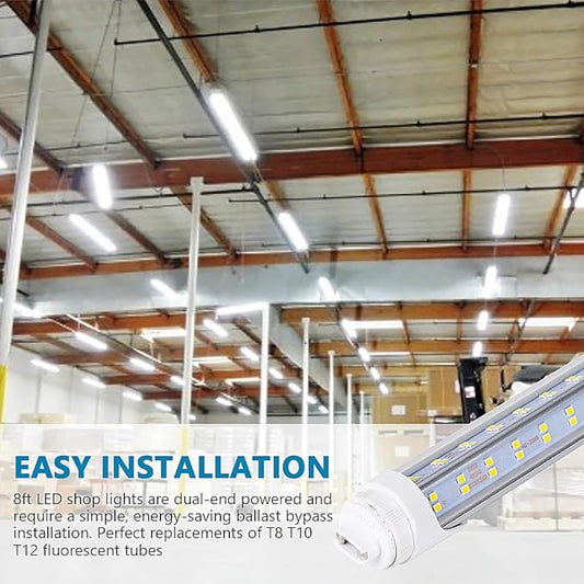 10PCS, LED Shop Light 8FT Tube, 2 Pin LED Tube Lights 270 Degree Angle, V Shaped 4 Row LEDs,R17D HO Rotatable LED Bulb, 144W, Clear Cover, Cold White 6000k, Fluorescent Tube Replacement