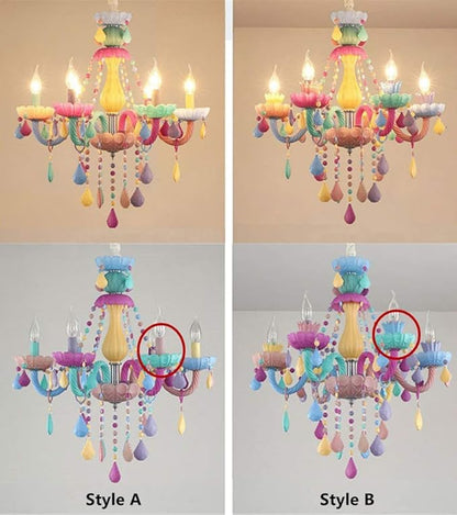LAKIQ Colorful Crystal Hanging Chandelier Light Fixture 6 Lights European Girls Room Pendant Ceiling Lighting Candle Chandelier for Girls Bedroom Living Room Dining Room Coffee Shop (Style B)